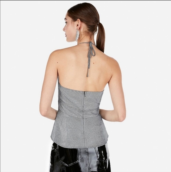 NWT Express Metallic Plunge Neck Peplum Halter Top - Picture 3 of 6